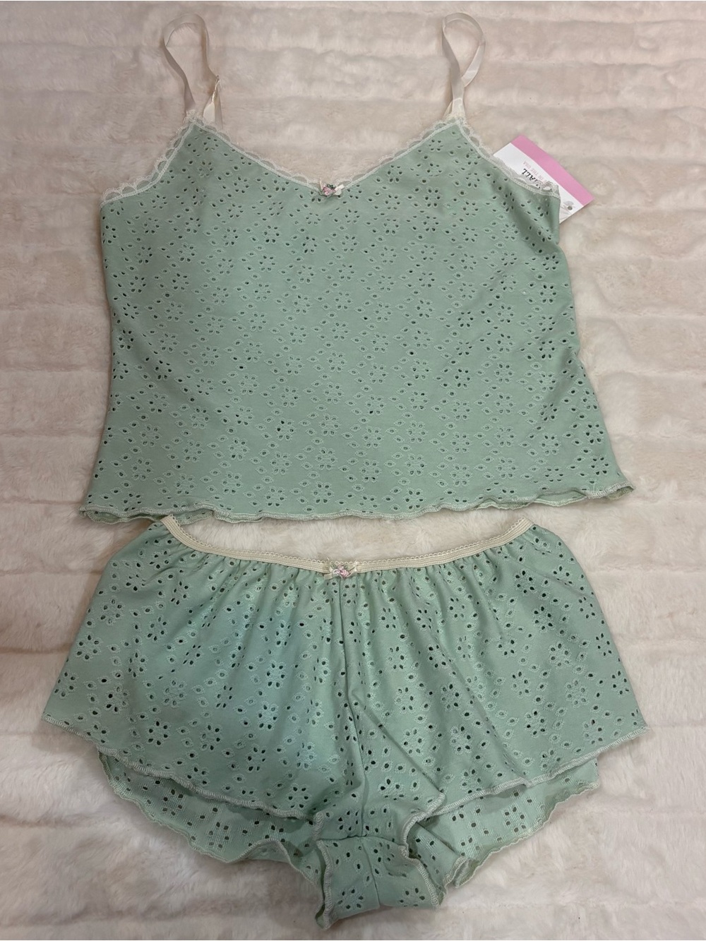 Women’s Mint Eyelet Lace Trim Cami and Short Sleep Set handmade